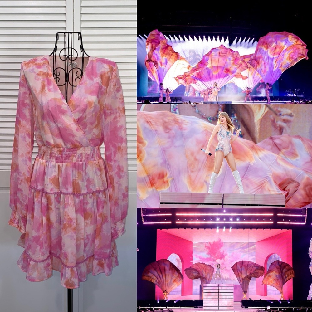 Japna Cruel Summer Swiftie Pink, Orange, & White Smocked Mini Dress Sz L💕EUC🧡